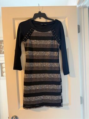 Three Hearts Black and Gray Striped Long Sleeve Knit Dress